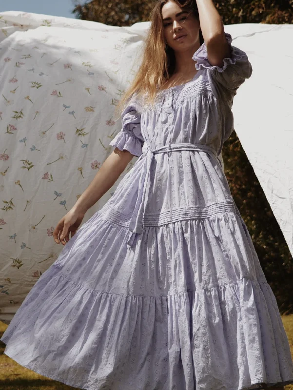 100% RECYCLED COTTON - MORNING SONG HAND SMOCKED TIERED MAXI DRESS - LAVENDER