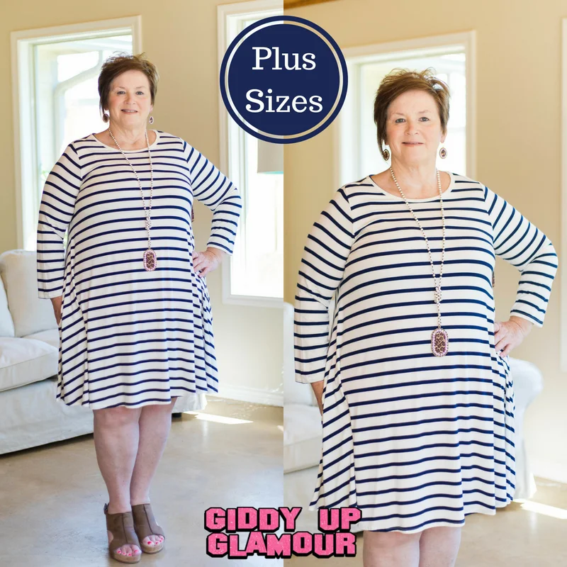 Last Chance Size 1XL & 2XL | All The Stripe A Line Tunic Dress in Navy