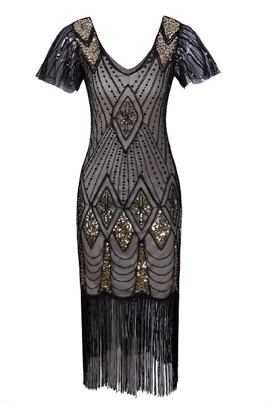 Black Sequin Fringe 1920s Dress