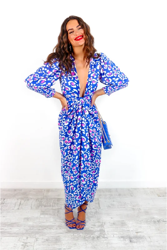 Drive Em Wild - Blue Pink Leopard Midi Wrap Dress