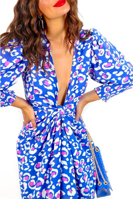 Drive Em Wild - Blue Pink Leopard Midi Wrap Dress