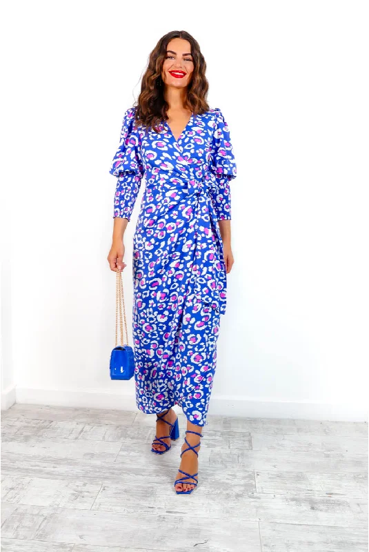 Drive Em Wild - Blue Pink Leopard Midi Wrap Dress