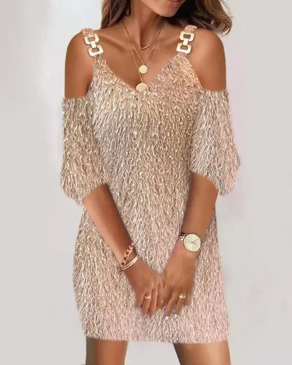 Fluffy Cold Shoulder Casual Dress