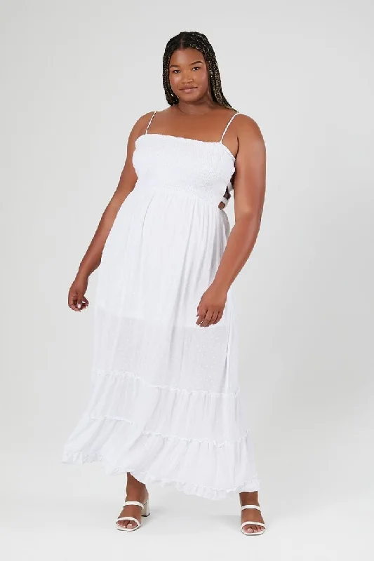 Forever 21 Plus Women's Smocked Cutout Maxi Long Dress White