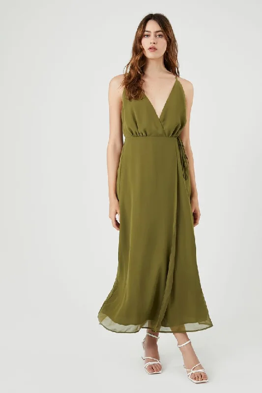 Forever 21 Women's Surplice Cami Maxi Long Dress Olive