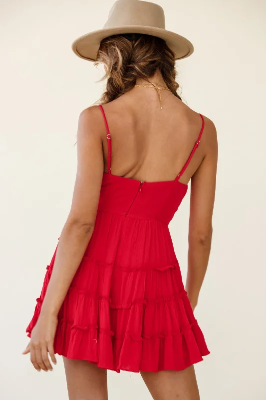 Jocelyn Cami Strap Waist Tie Frill Dress Red