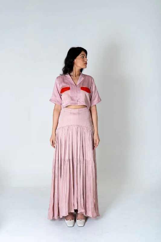 Pink-Orange Color-Blocked Maxi Skirt Set