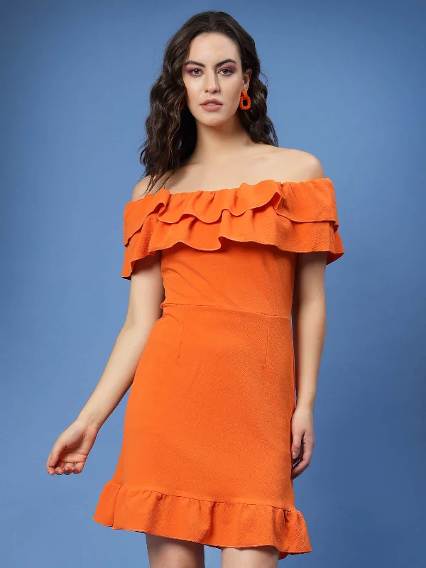 Orange Off-Shoulder Ruffles Sheath Dress