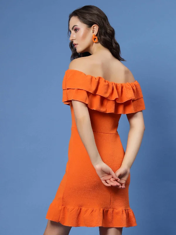 Orange Off-Shoulder Ruffles Sheath Dress