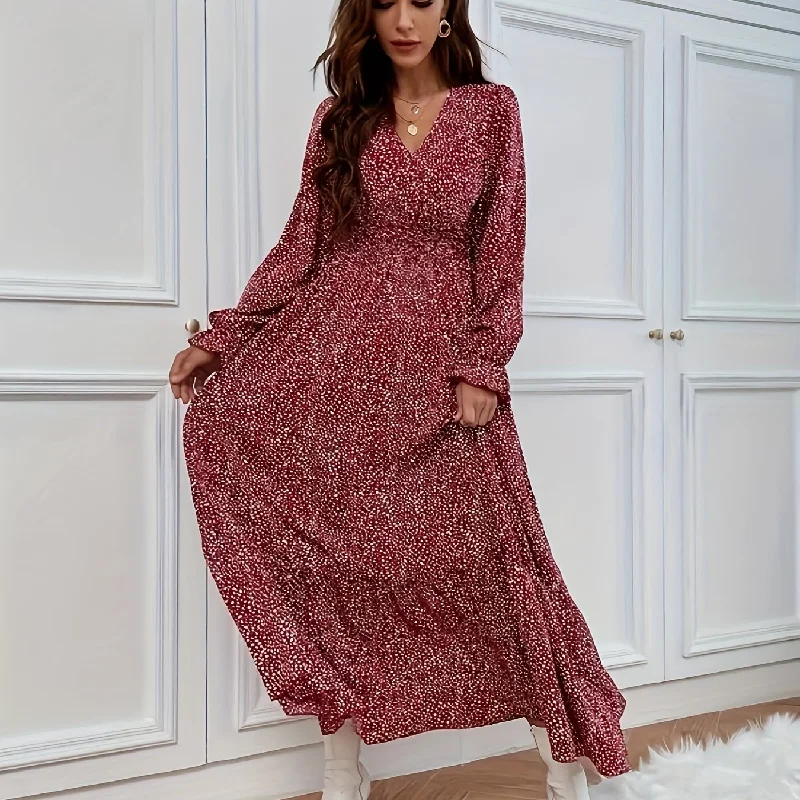 Sixsr Floral Print Lantern Sleeve Dress, Casual V Neck Dress For Spring & Fall, Women's Clothing