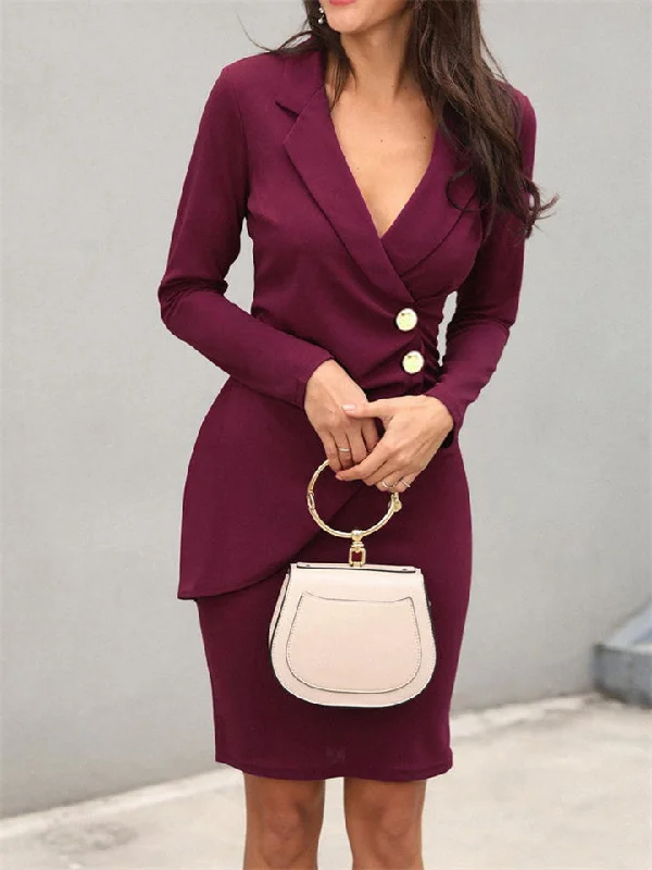 Solid Color V-neck Slim Hip Bottoming Buttons Buttoned Professional Dress