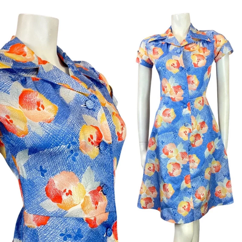 VINTAGE 60s 70s BLUE YELLOW ORANGE FLORAL MOD DAGGER SHIRT SWING DRESS 8