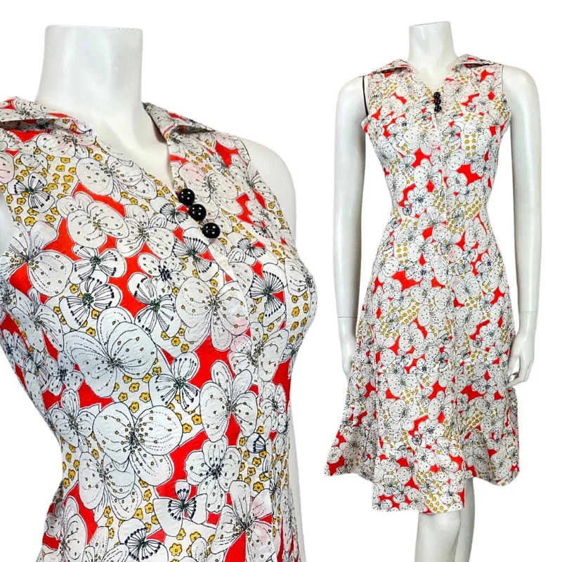 VINTAGE 60s 70s RED WHITE BLACK FLORAL PSYCH DROP-WAIST DAGGER SHIRT DRESS 8