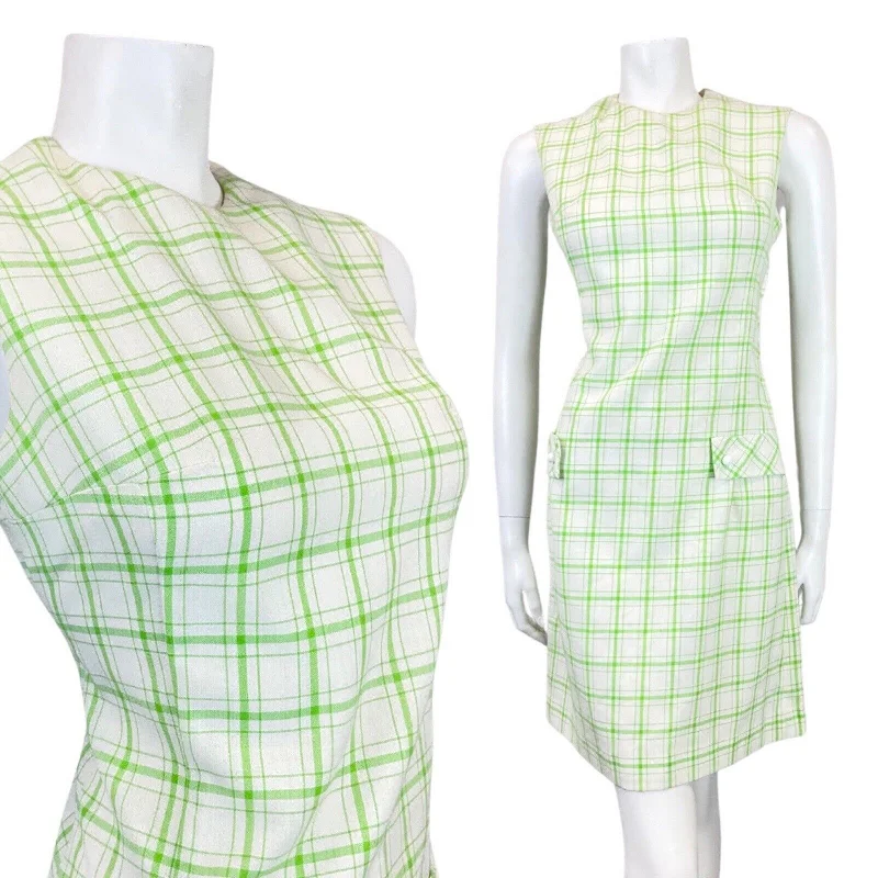 VINTAGE 60s 70s WHITE GREEN GRID CHECKED MOD SLEEVELESS SHIFT DRESS 10 12