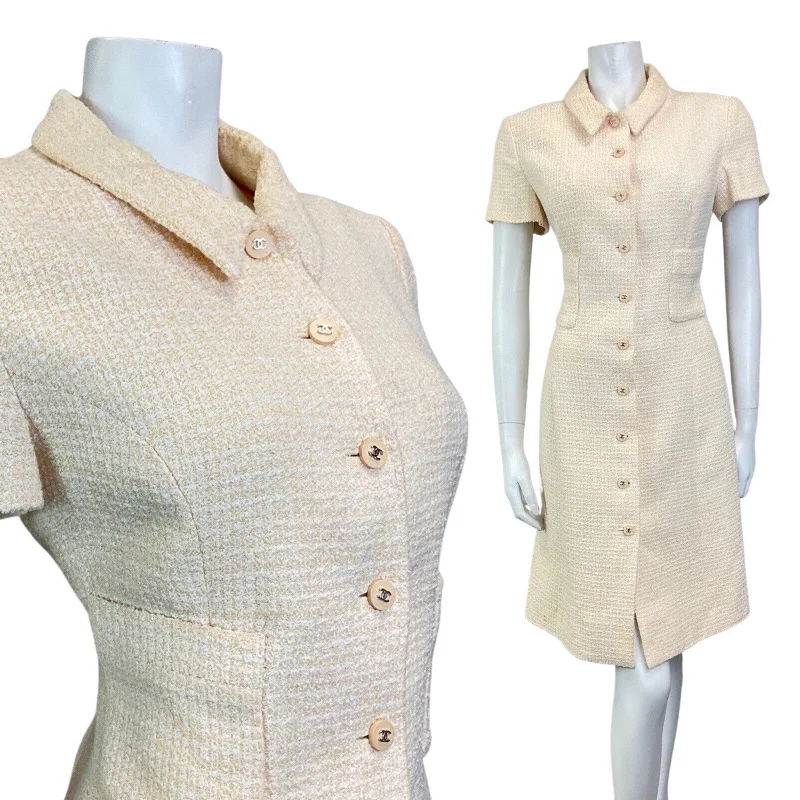 VINTAGE 90s YELLOW WHITE BOUCLE WOOL CHANEL BOUTIQUE SHIRT DESIGNER DRESS 10 12