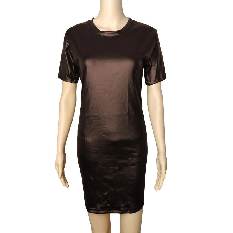 Location: D4 Imitation Leather Skirt Short Sleeve Coffee / S