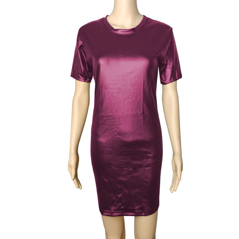 Location: D4 Imitation Leather Skirt Short Sleeve Wine Red / S