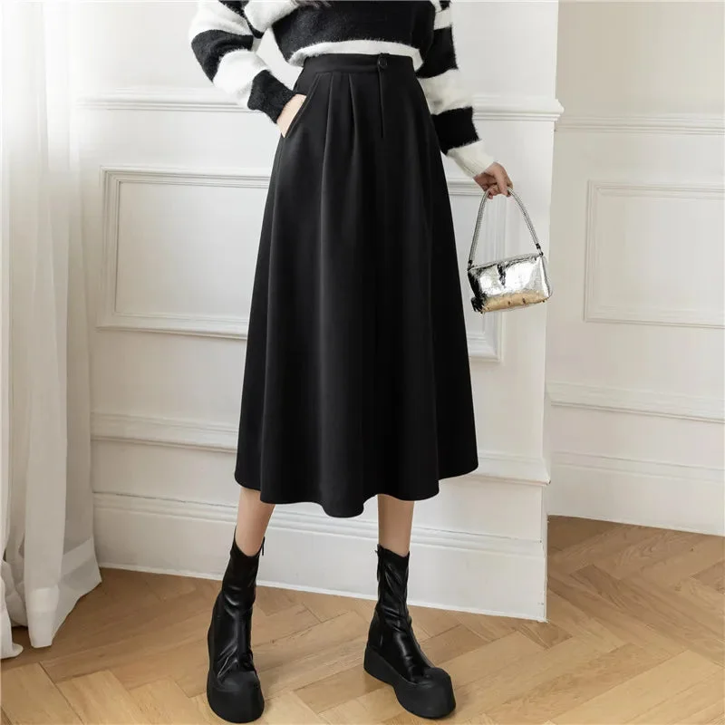 FashionSierra - Autumn Winter Women New Fashion Draped High Waist A-line Long Vintage Ladies Elegant Wool Skirt