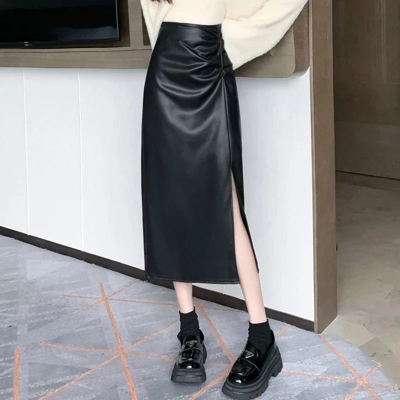 FashionSierra - New Fashion High Waist Front Slit Midi Leather Women 2024 Autumn Winter PU Leathers Ladies Long Skirt