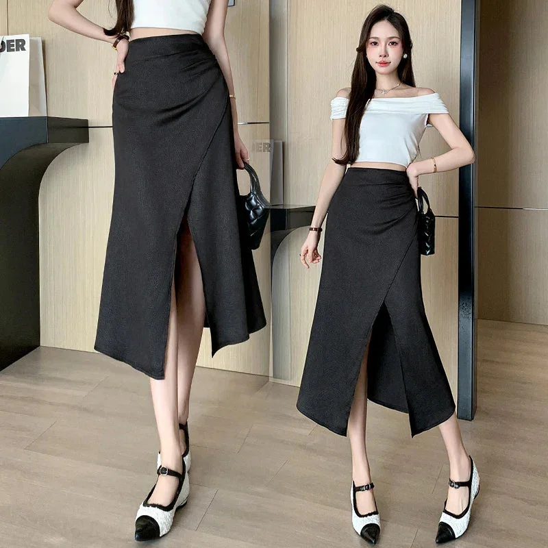 FashionSierra - 2024 New Spring Summer Women Satin Midi Ladies Fashion Folds High Waist Slit Long Ladies Mermaid Skirt