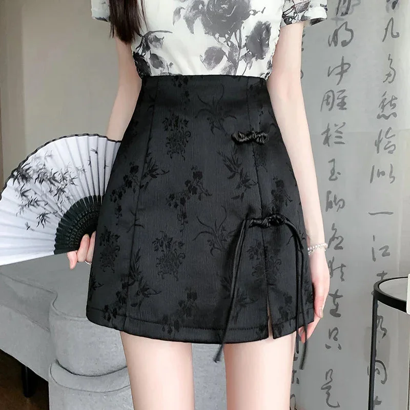 FashionSierra - New Chinese Style Bandage A-line Short Women Vintage High Waist Mini Ladies Spring Summer Print Skirt