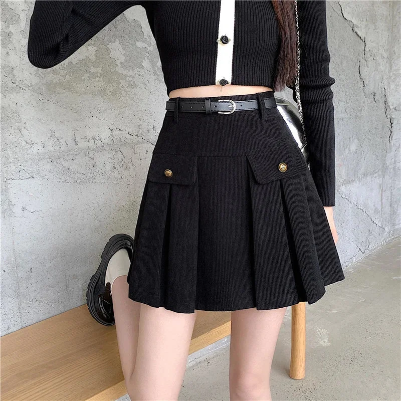 FashionSierra - New Autumn Winter Corduroy Womens Vintage Buttons High Wasit A-line Mini Pleated Korean Woman Short Skirt