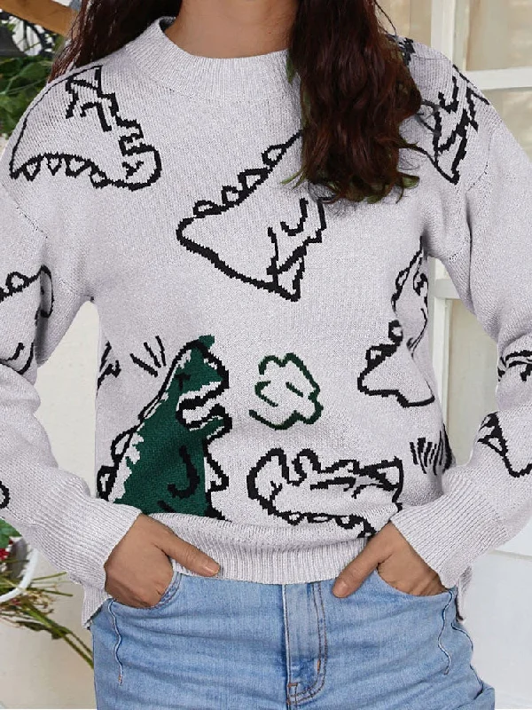 Sweaters Cartoon Dinosaur Round Neck Long Sleeve Sweater for Women