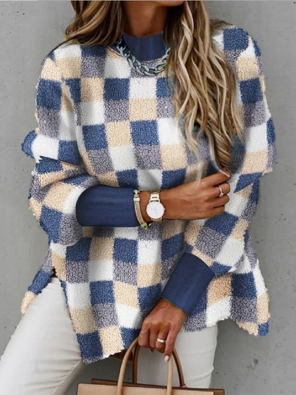 Sweaters Fashion Plaid Half High Neck Long Sleeve Split Sweater for Women