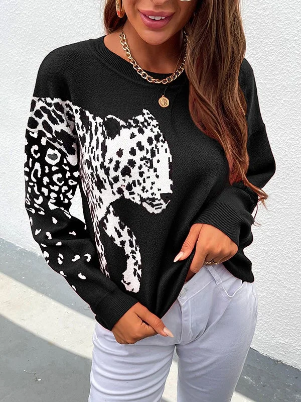 Sweaters Leopard Print Pullover Long Sleeve Knitted Sweater for Women