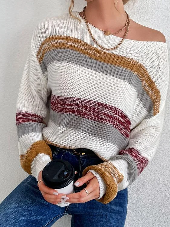 Sweaters Loose Striped Round Neck Long Sleeve Sweater for Women