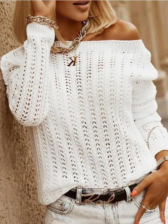 Sweaters Pure Sloping Shoulder Long Sleeve Casual Sweater for Women