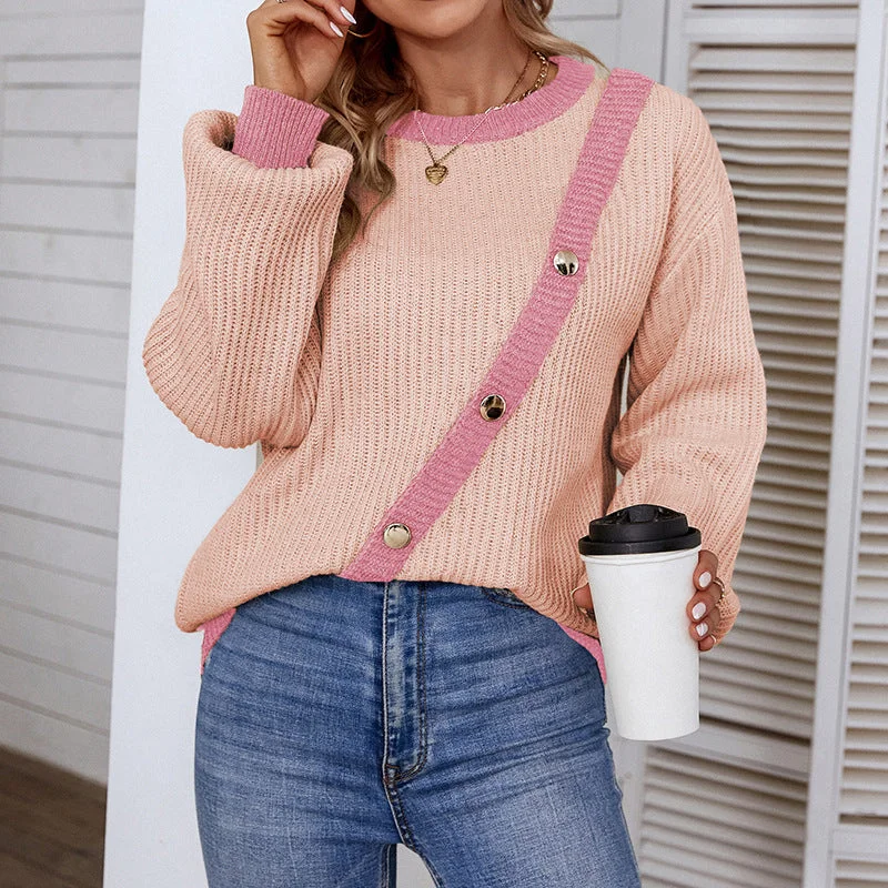 Women's Color Button Round Neck Lantern Sleeve Sweaters