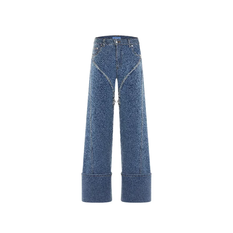 blue cuffed zipper jeans