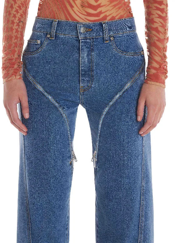 blue cuffed zipper jeans