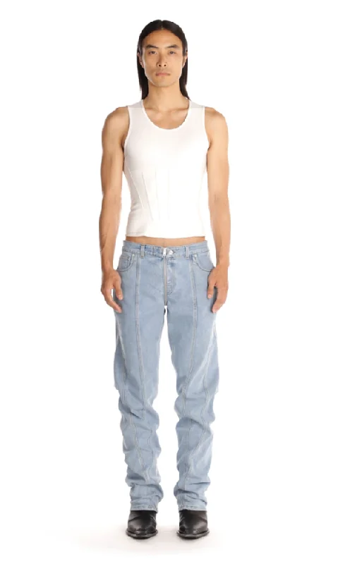 blue twisted seam denim jeans