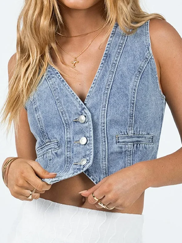 Hot Girl Button Up Sleeveless Denim Short Sleeve Top