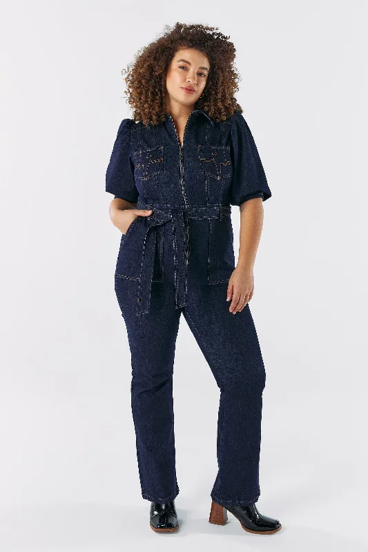 Rinse Wash Denim Flared Leg Jumpsuit