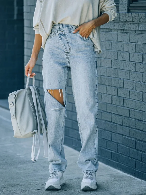 Hot Girl Distressed Asymmetric Waist Jeans