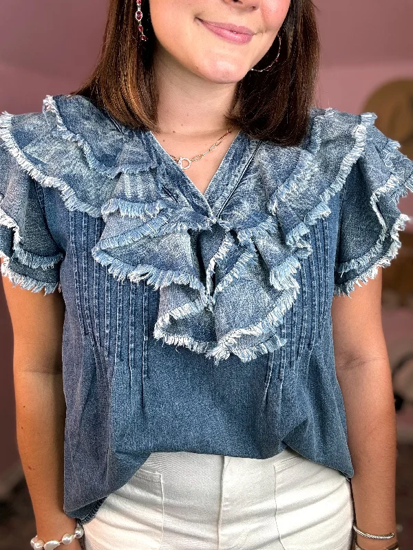 The Leyla Frayed Edge Layered Ruffle Denim Top