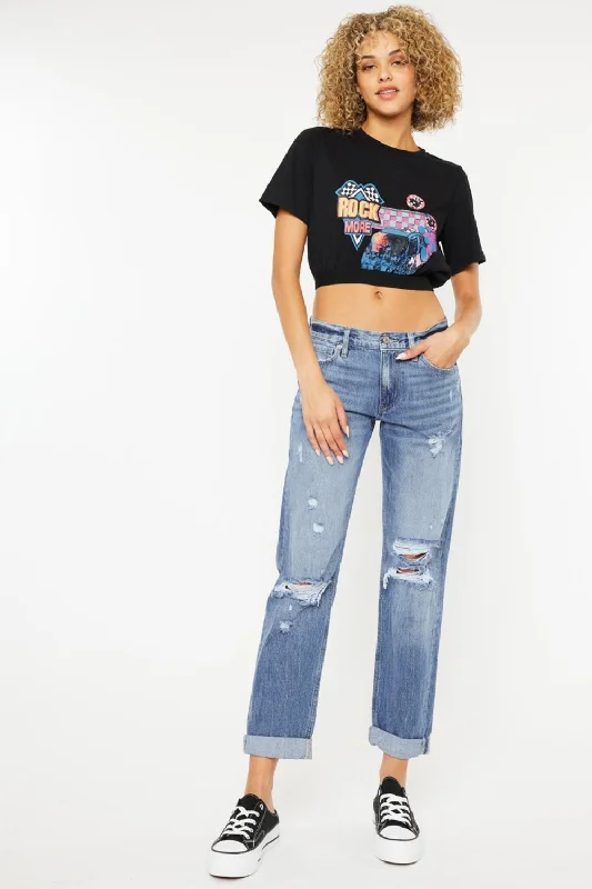 Hot Girl X Kancan Mid Rise Distressed Straight Jeans In Light Medium Wash