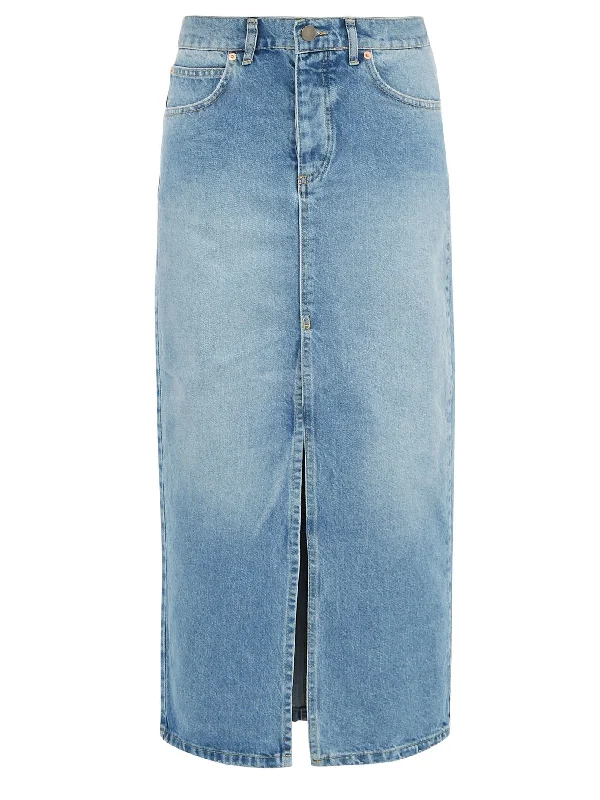 Slit-front denim maxi pencil skirt