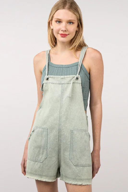 Hot Girl Washed Frayed Hem Denim Overall In Sage