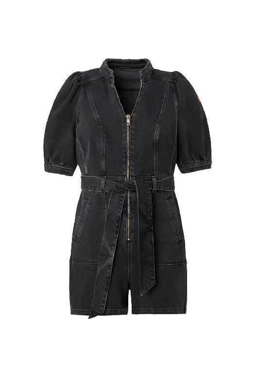 Washed Black Zip Detail Denim Playsuit