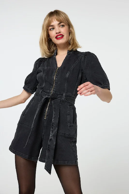 Washed Black Zip Detail Denim Playsuit