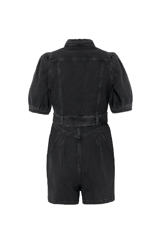 Washed Black Zip Detail Denim Playsuit