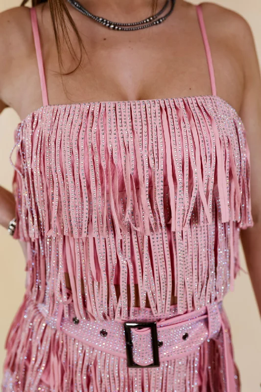 Last Chance Size Large | Cowboy Killer Crystal Fringe Crop Top in Light Pink