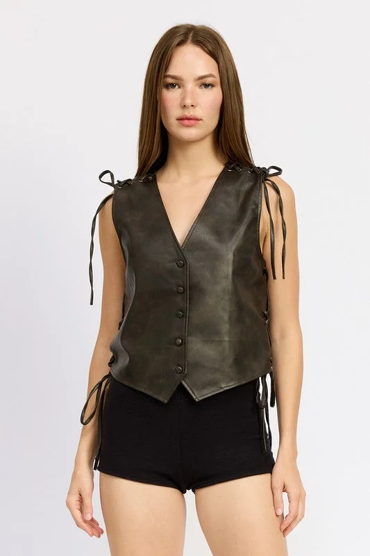 Hot Girl Lace Detail Vegan Leather Vest Top