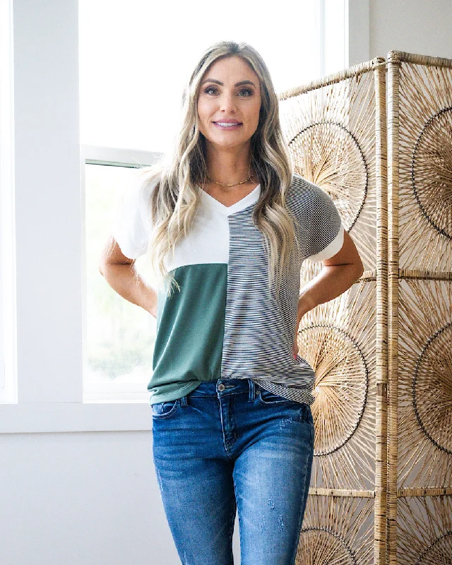 NEW! Say Yes Color Block V Neck Top - Olive