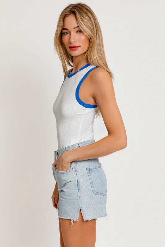 ROUND NECK SLEEVELESS RIBBED COLOR BLOCK BODYSUIT