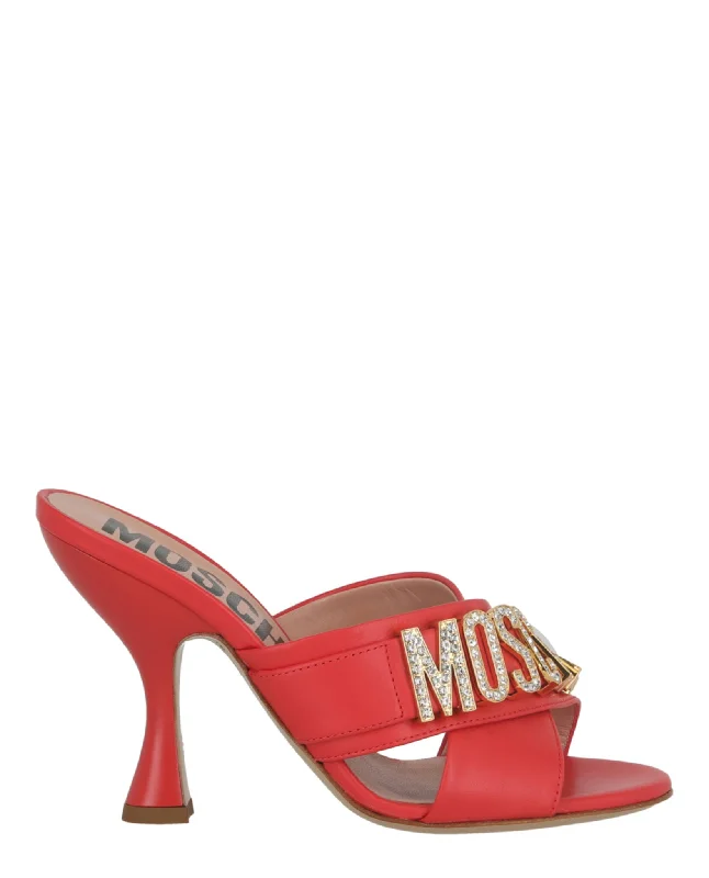 Moschino Womens Crystal Logo Leather Mules